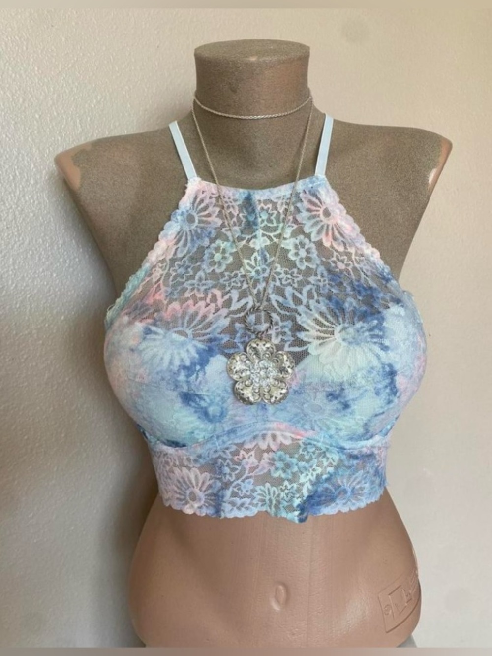 Victoria’s Secret PINK Lace Blue Purple & Pink Halter Bralette Push Up Padding